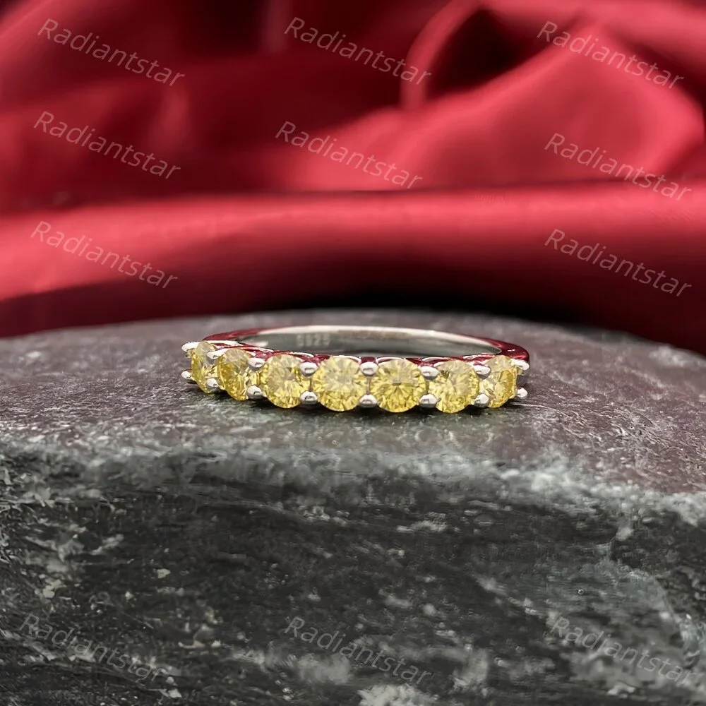NEW Certified 3mm Lemon Yellow Moissanite 7 Stone Half Eternity Band Ring
